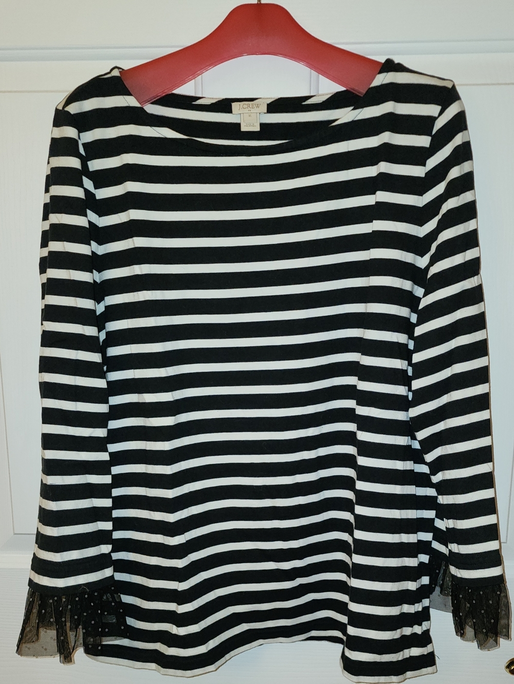 J. Crew Black and White Striped Long Sleeve Top with Lace Dot Cuffs